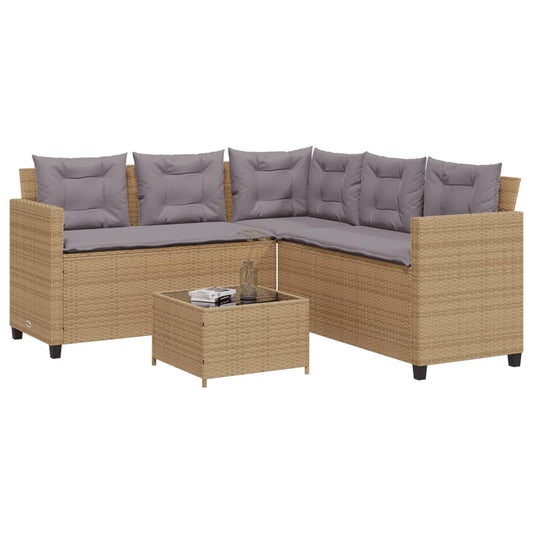 Garden Sofa with Table and Cushions L-Shaped Beige Poly Rattan