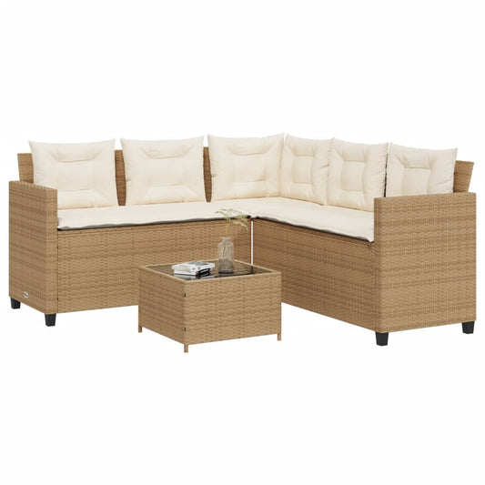 Garden Sofa with Table and Cushions L-Shaped Beige Poly Rattan