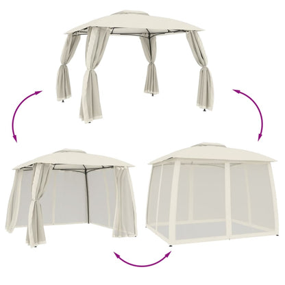 Gazebo with Double Roof and Mesh Walls Cream 2.93x2.93 m Steel