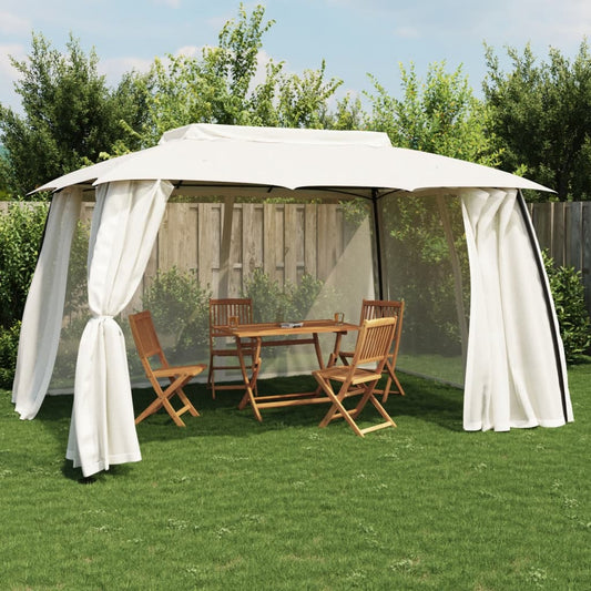 Gazebo with Double Roof and Mesh Walls Cream 3.93x2.93 m Steel