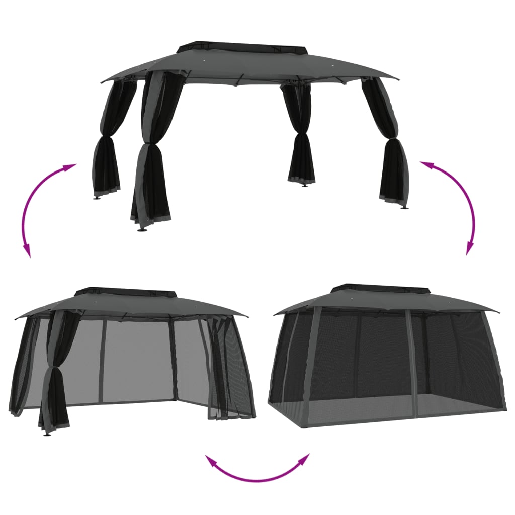 Gazebo with Double Roof and Mesh Walls Anthracite 3.93x2.93 m Steel