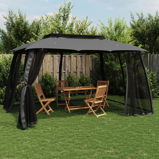 Gazebo with Double Roof and Mesh Walls Anthracite 3.93x2.93 m Steel