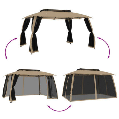 Gazebo with Double Roof and Mesh Walls Taupe 3.93x2.93 m Steel