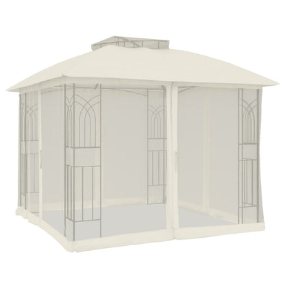 Gazebo with Double Roof and Mesh Walls Cream 2.94x2.94 m Steel