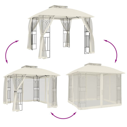 Gazebo with Double Roof and Mesh Walls Cream 2.94x2.94 m Steel