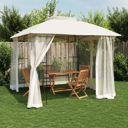 Gazebo with Double Roof and Mesh Walls Cream 2.94x2.94 m Steel