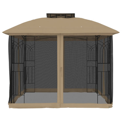 Gazebo with Double Roof and Mesh Walls Taupe 2.94x2.94 m Steel