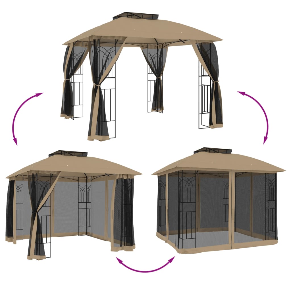 Gazebo with Double Roof and Mesh Walls Taupe 2.94x2.94 m Steel