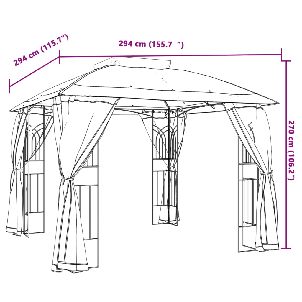 Gazebo with Double Roof and Mesh Walls Taupe 2.94x2.94 m Steel