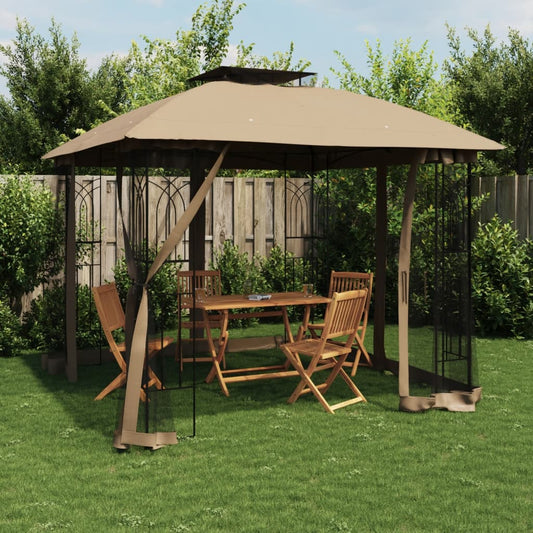 Gazebo with Double Roof and Mesh Walls Taupe 2.94x2.94 m Steel