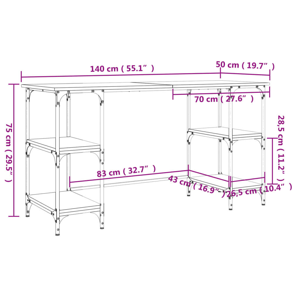 Desk Sonoma Oak 140x50x75 cm Metal and Engineered Wood