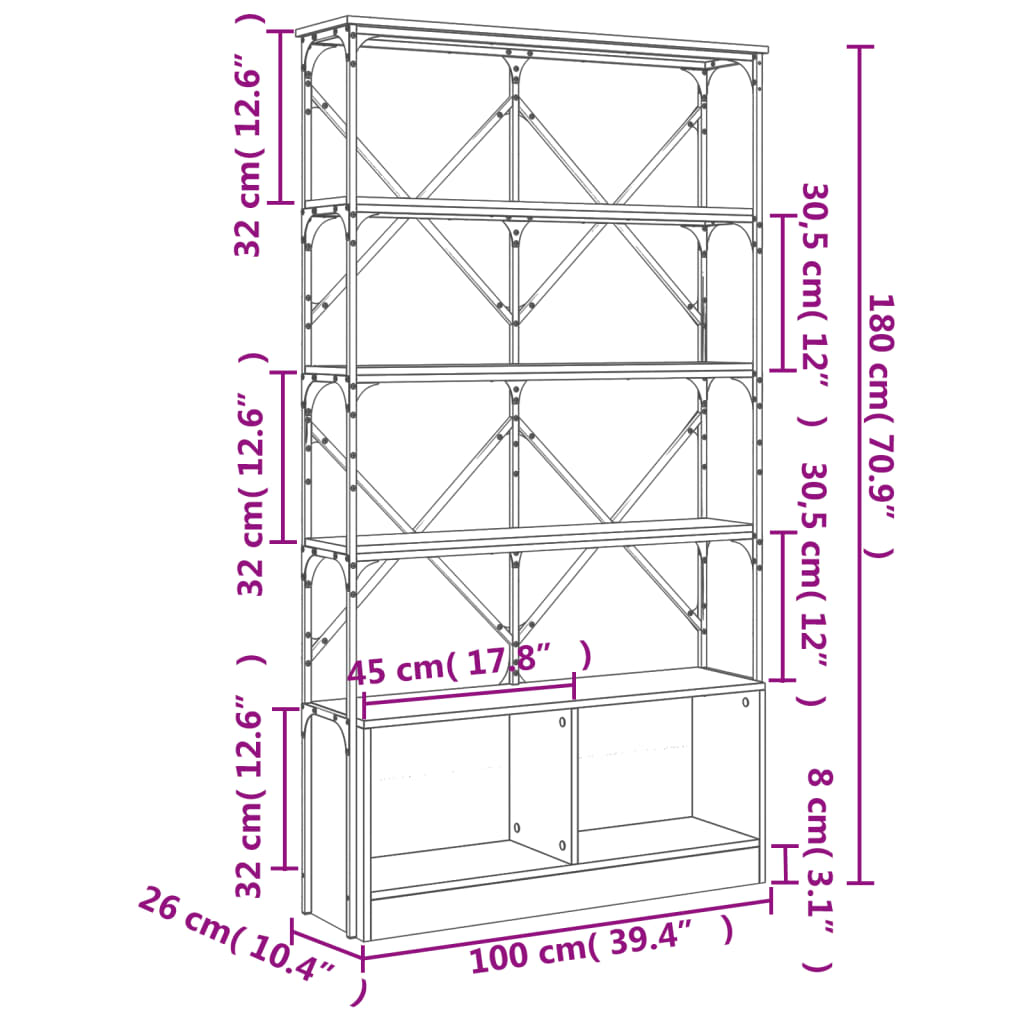 Bookcase Black 100x26x180 cm Engineered Wood and Metal