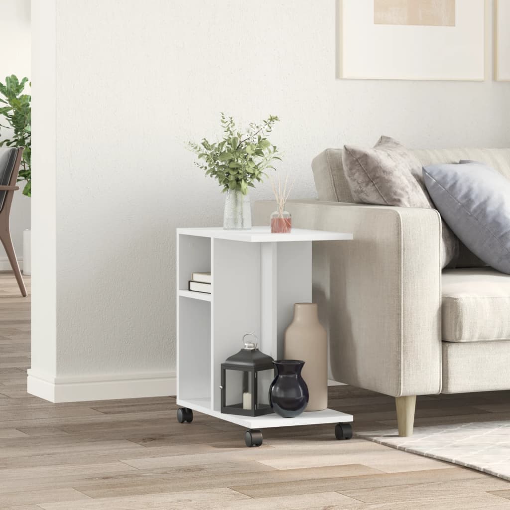 Side Table with Wheels White 50x30x55 cm Engineered Wood