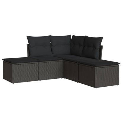 5 Piece Garden Sofa Set with Cushions Black Poly Rattan