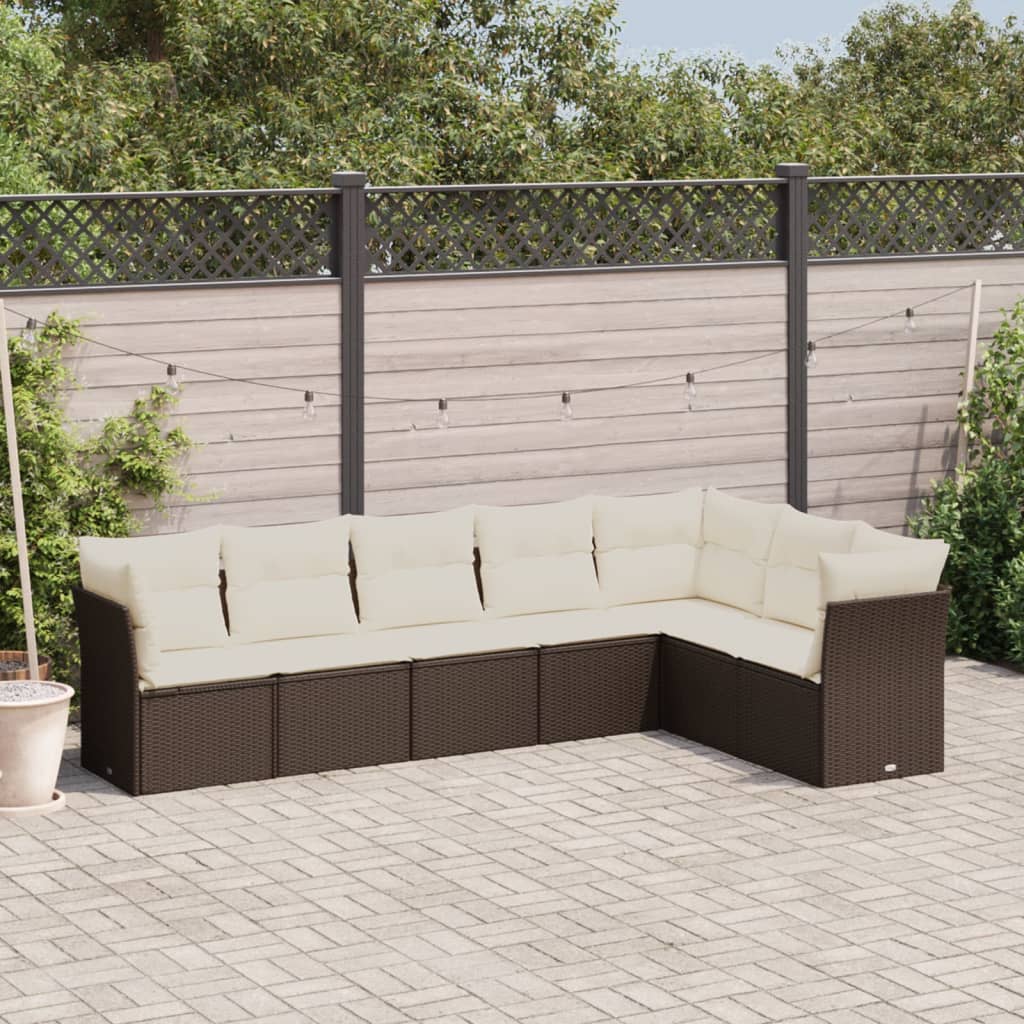 7 Piece Garden Sofa Set with Cushions Brown Poly Rattan