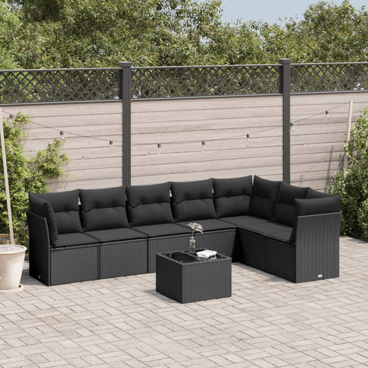 8 Piece Garden Sofa Set with Cushions Black Poly Rattan