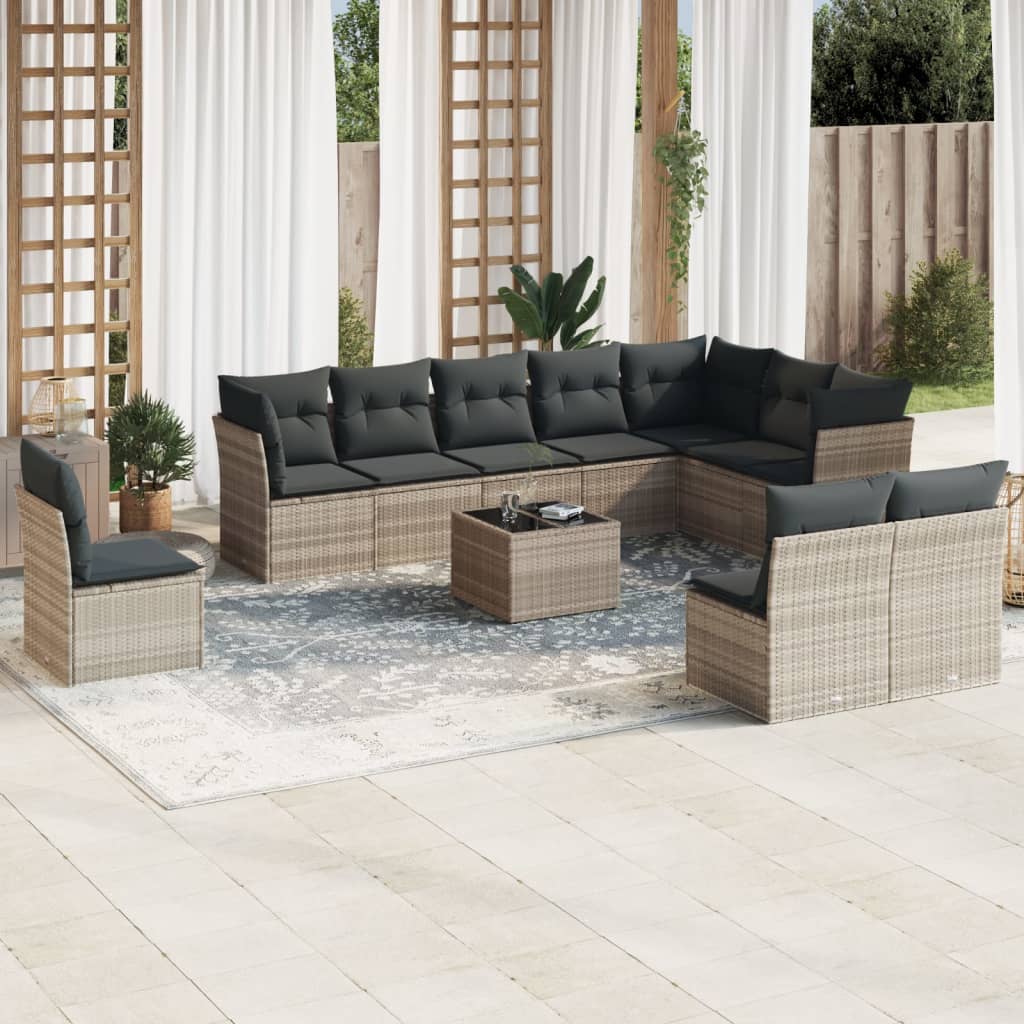 11 Piece Garden Sofa Set with Cushions Light Grey Poly Rattan