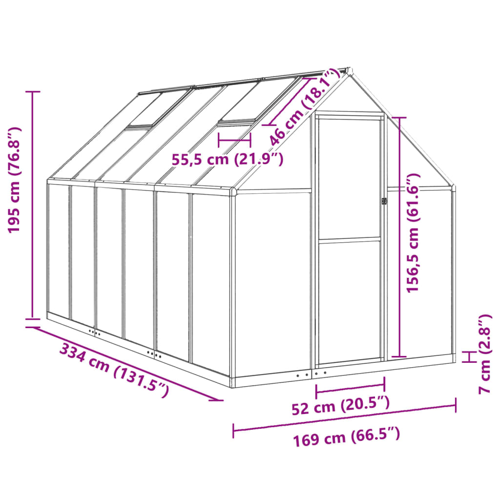 Greenhouse with Base Frame Green 334x169x195 cm Aluminium