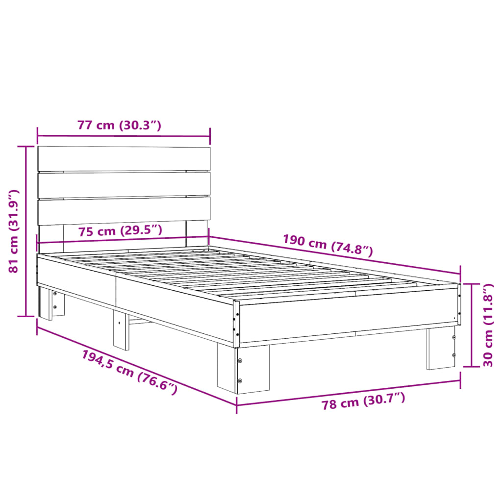 Bed Frame Black 75x190 cm Small Single Engineered Wood and Metal