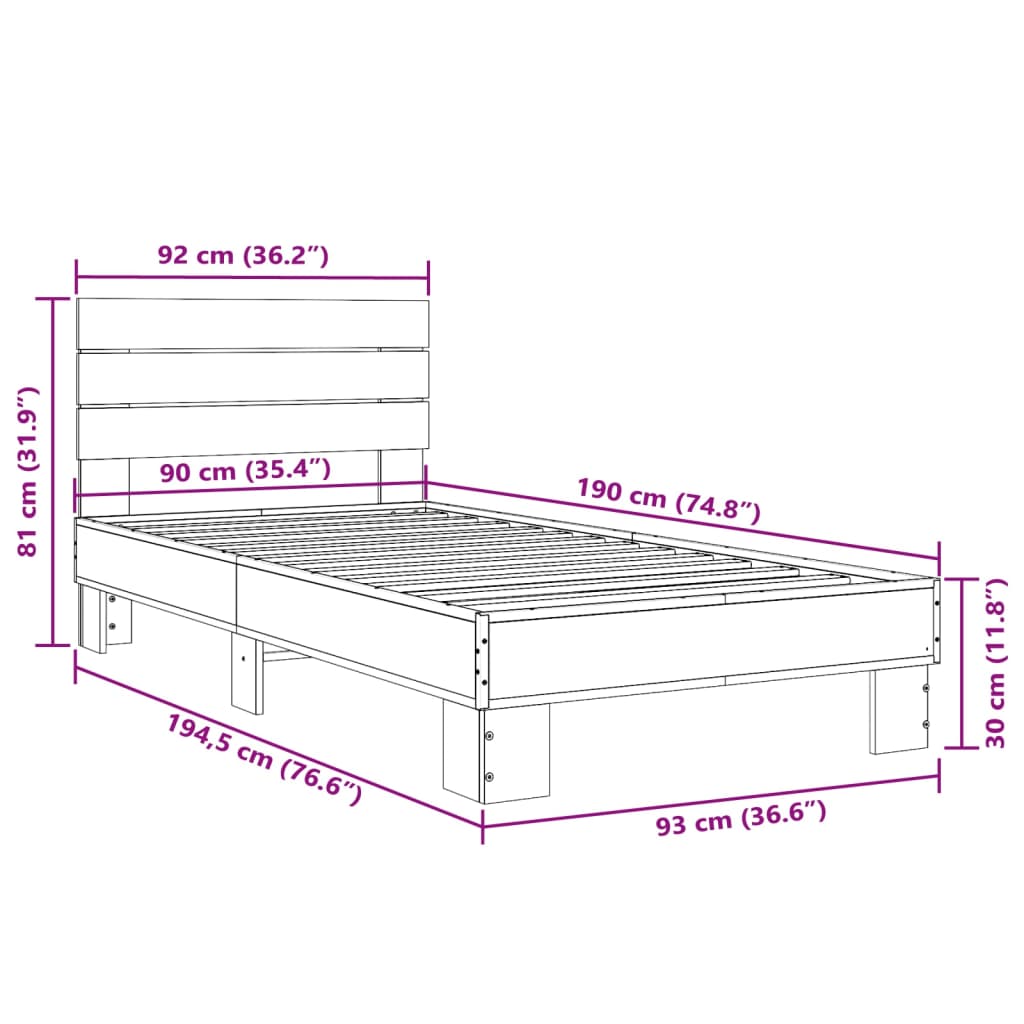 Bed Frame Smoked Oak 90x190 cm Single Engineered Wood and Metal