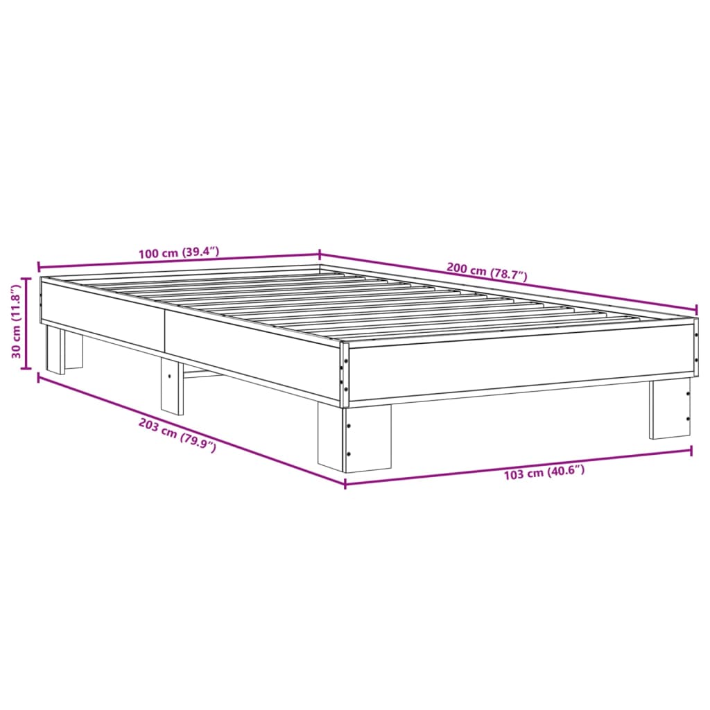 Bed Frame Grey Sonoma 100x200 cm Engineered Wood and Metal