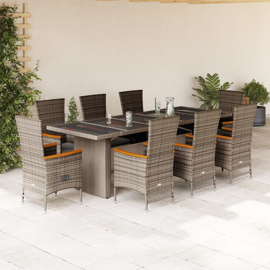 9 Piece Garden Dining Set with Cushions Grey Poly Rattan