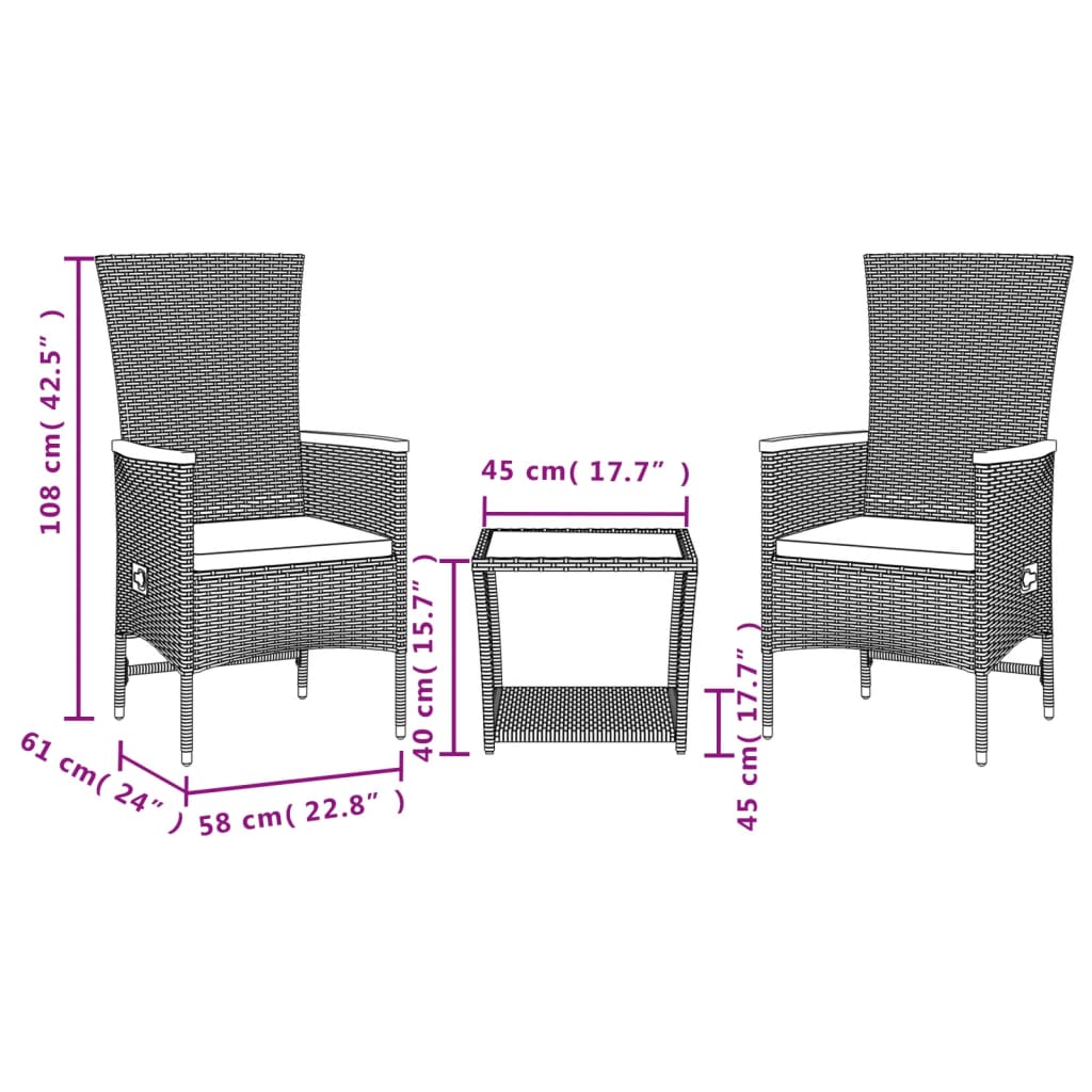 3 Piece Garden Dining Set with Cushions Grey Poly Rattan