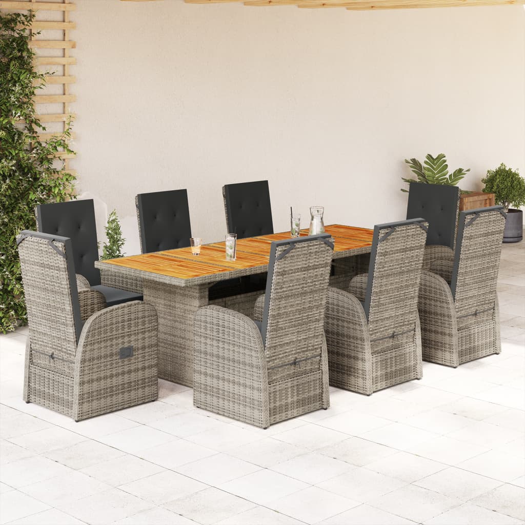 9 Piece Garden Dining Set with Cushions Grey Poly Rattan