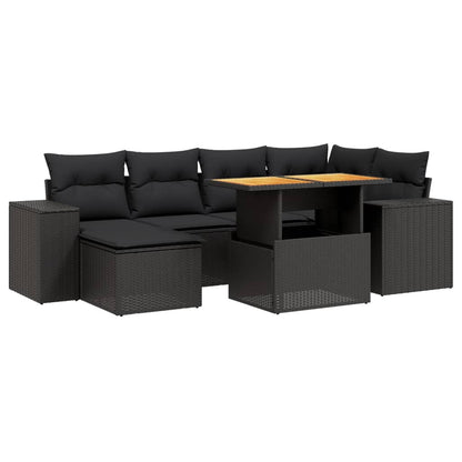 7 Piece Garden Sofa Set with Cushions Black Poly Rattan