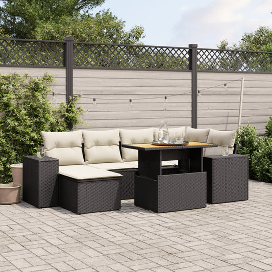 7 Piece Garden Sofa Set with Cushions Black Poly Rattan