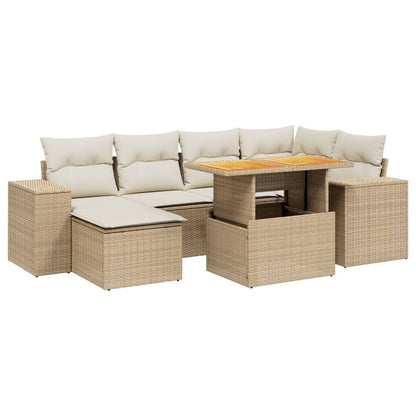 7 Piece Garden Sofa Set with Cushions Beige Poly Rattan