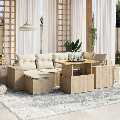 7 Piece Garden Sofa Set with Cushions Beige Poly Rattan