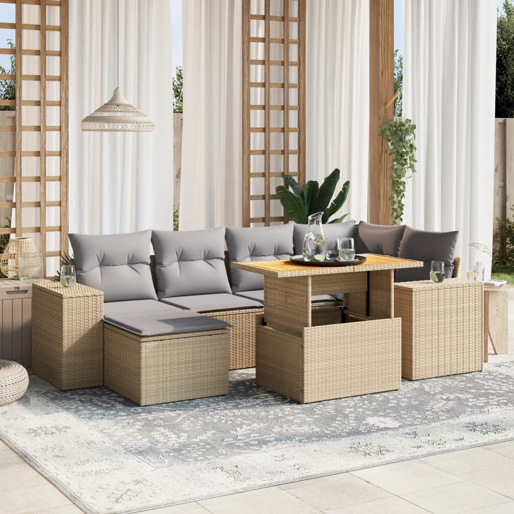 7 Piece Garden Sofa Set with Cushions Beige Poly Rattan