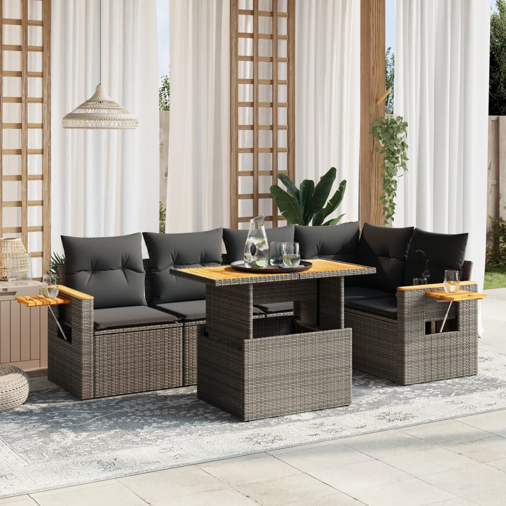 6 Piece Garden Sofa Set with Cushions Grey Poly Rattan