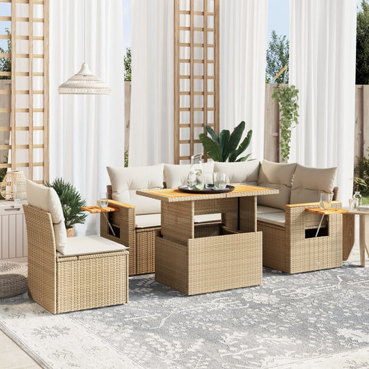 6 Piece Garden Sofa Set with Cushions Beige Poly Rattan