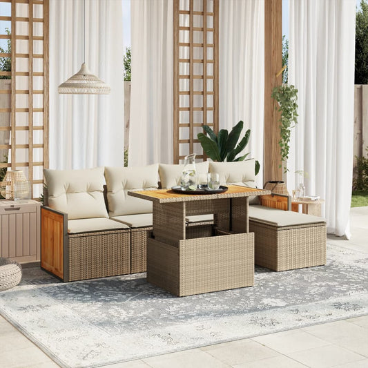 6 Piece Garden Sofa Set with Cushions Beige Poly Rattan