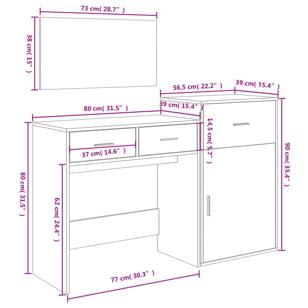 3 Piece Dressing Table Set Sonoma Oak Engineered Wood