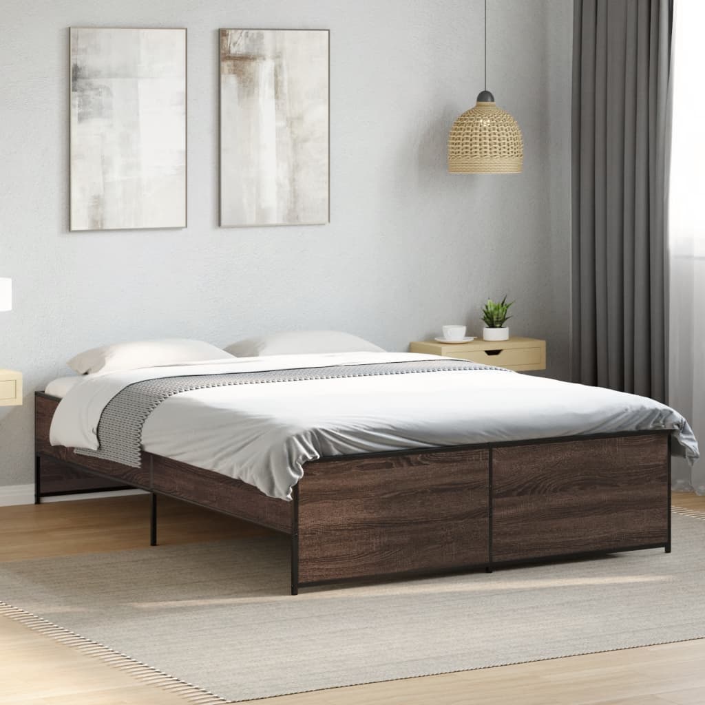 Bed Frame Brown Oak 135x190 cm Double Engineered Wood and Metal
