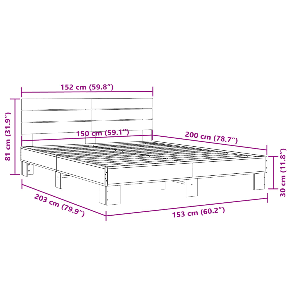 Bed Frame without Mattress Grey Sonoma 150x200 cm King Size