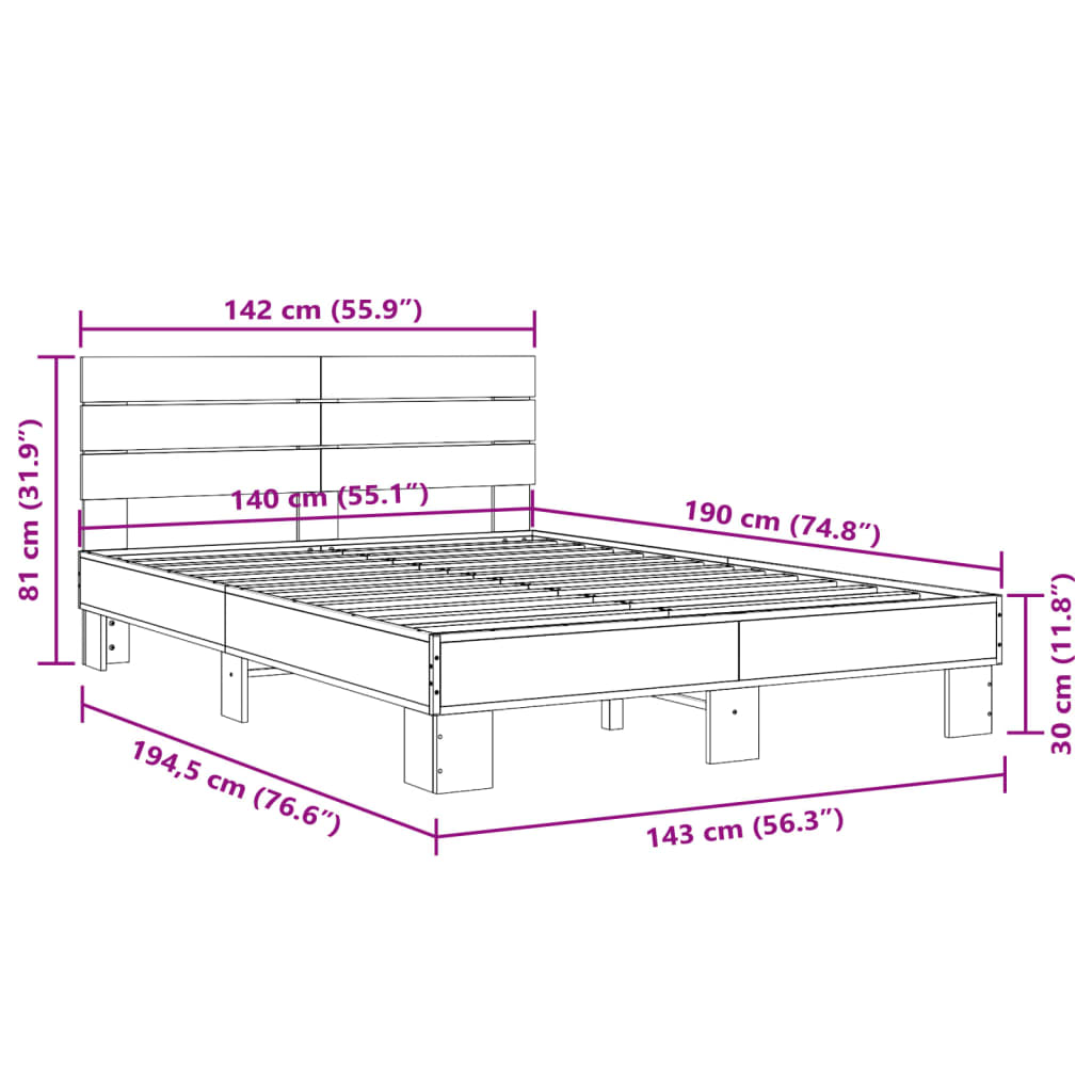 Bed Frame without Mattress Grey Sonoma 140x190 cm