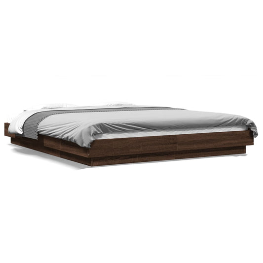 Bed Frame with LED Lights Brown Oak 160x200cm Engineered Wood