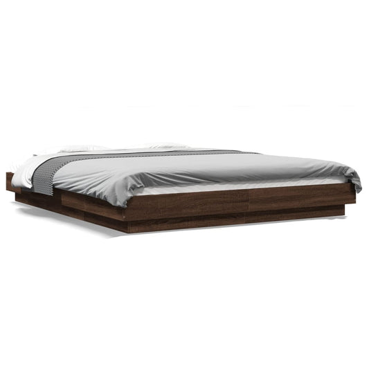 Bed Frame with LED Lights Brown Oak 150x200cm King Size Engineered Wood