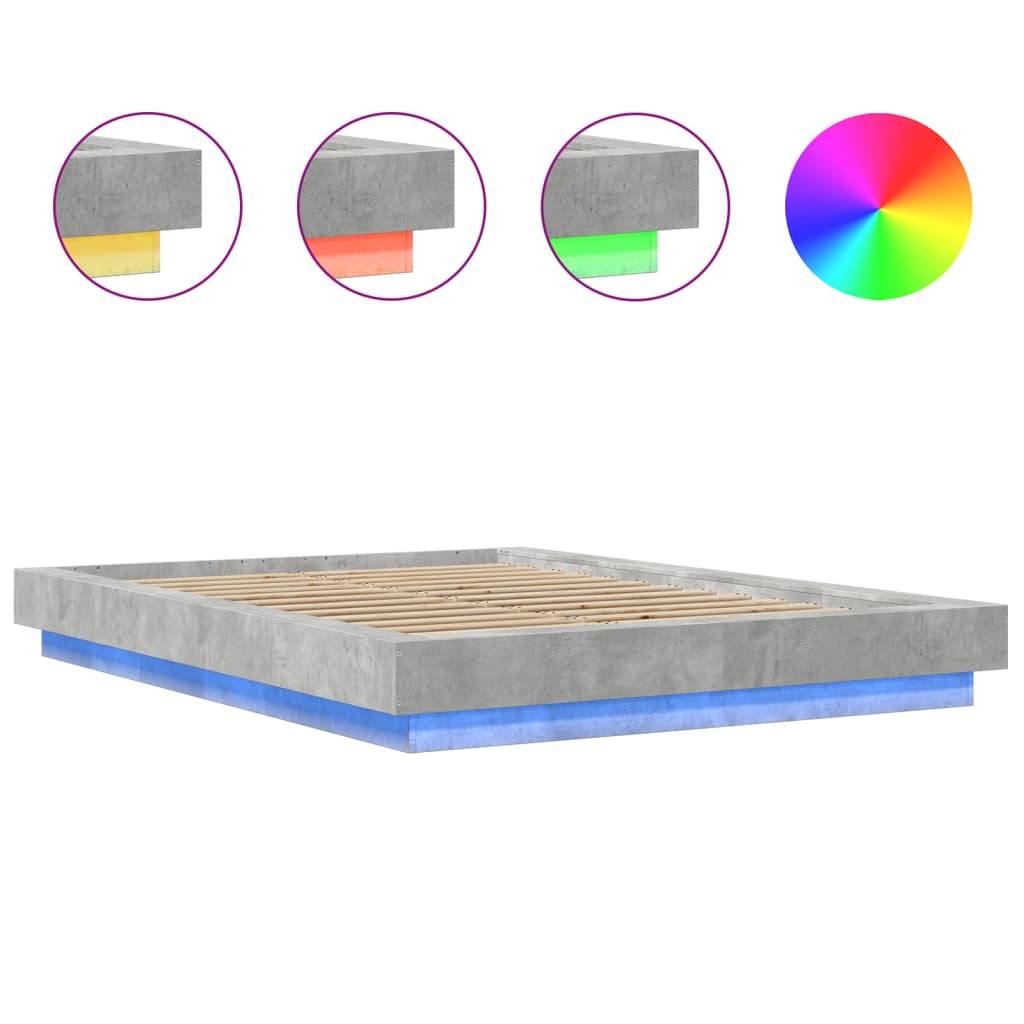 Bed Frame with LED Lights without Mattress Concrete Grey 135x190cm