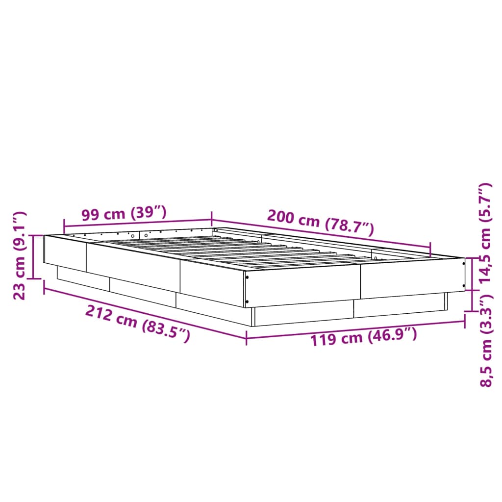 Bed Frame without Mattress Grey Sonoma 100x200 cm