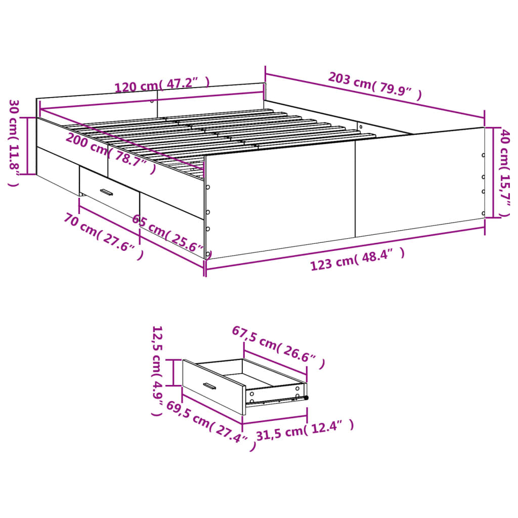 Bed Frame with Drawers without Mattress Grey Sonoma 120x200 cm