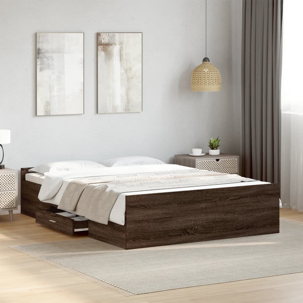 Bed Frame with Drawers without Mattress Brown Oak 140x190 cm