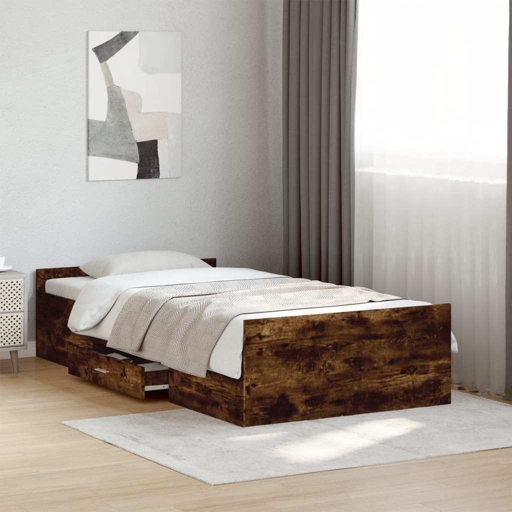 Bed Frame with Drawers without Mattress Smoked Oak 100x200 cm
