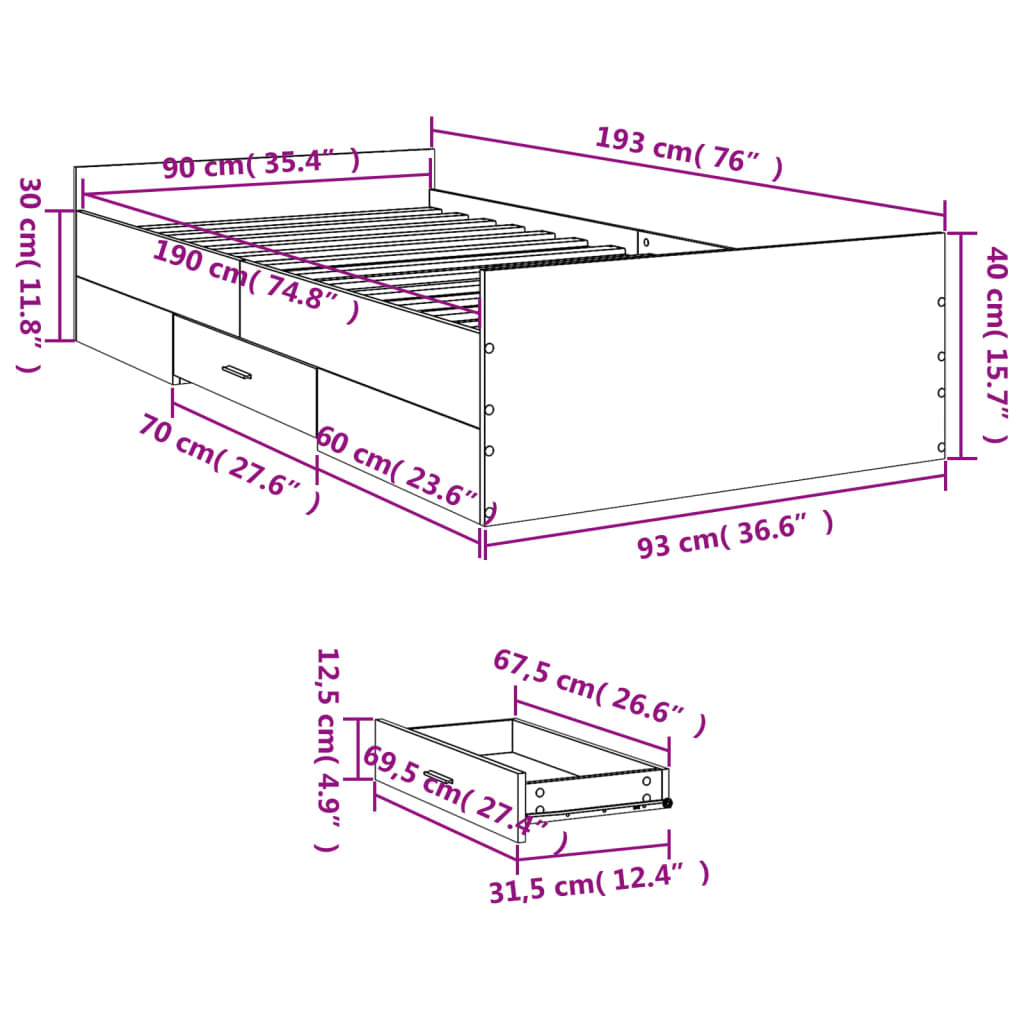 Bed Frame with Drawers without Mattress Sonoma Oak 90x190 cm Single