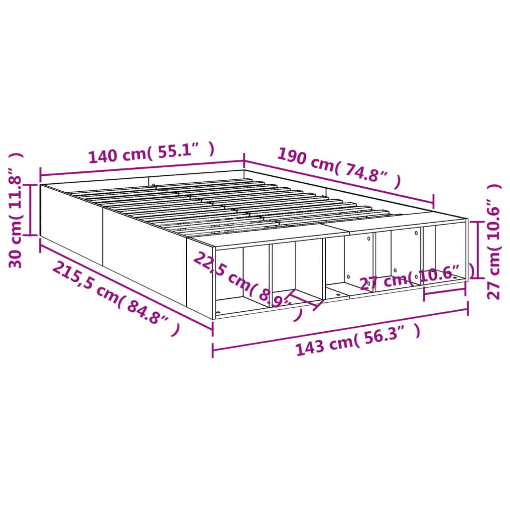Bed Frame without Mattress Grey Sonoma 140x190 cm