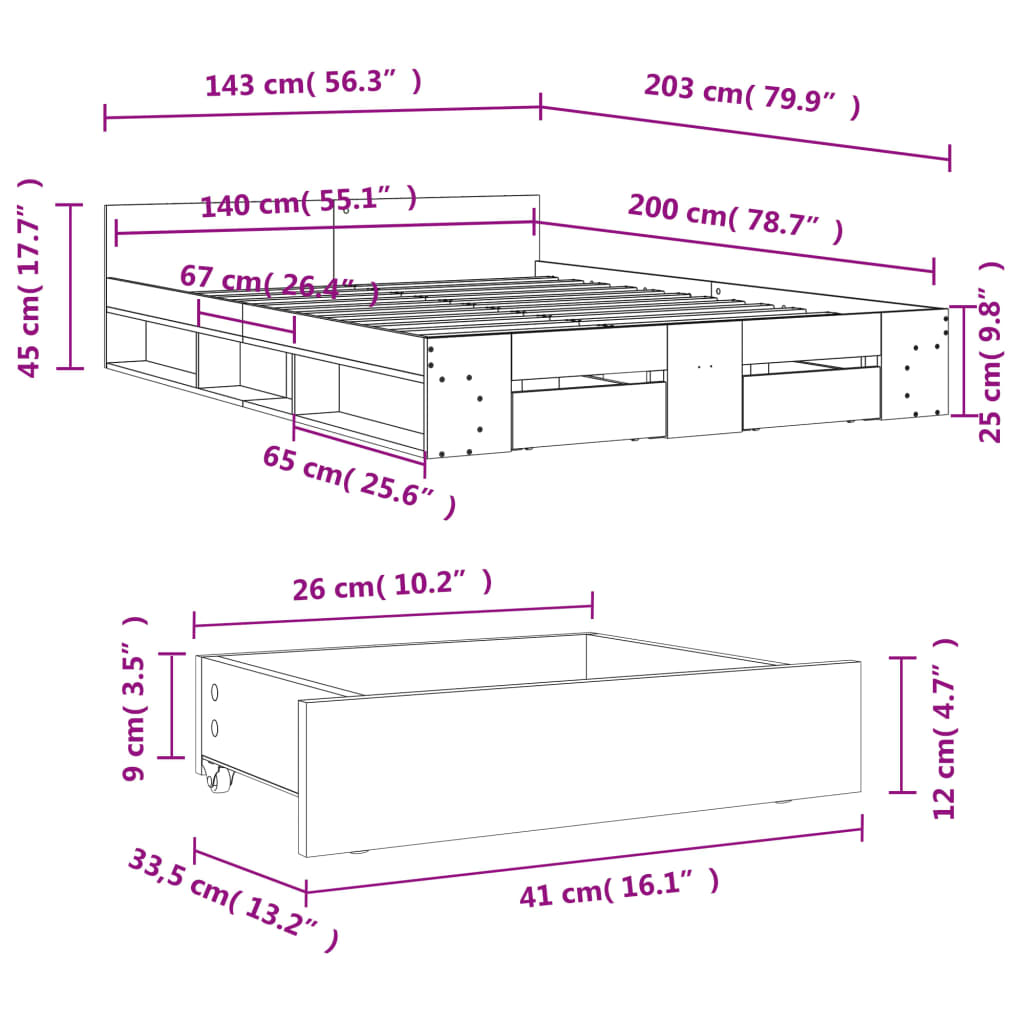Bed Frame with Drawers without Mattress Grey Sonoma 140x200 cm